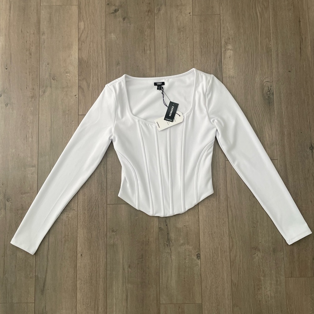 Express White Body Contour High Compression Long Sleeve Corset Top NWT